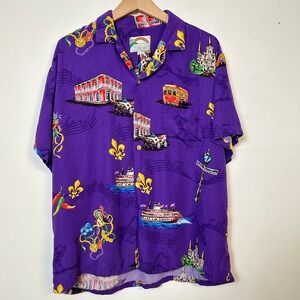 Paradise Found Mardi Gras New Orleans Hawaiian Shirt Purple Rayon Large